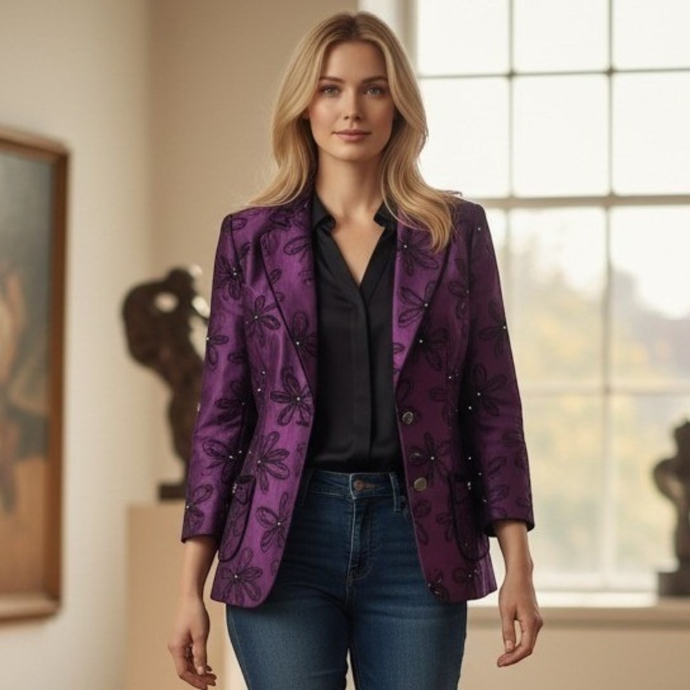 Gerry Weber Purple Floral Embroidered Rhinestone Blazer Jacket Women Evening